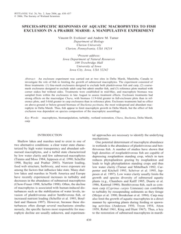 Species-Specific Responses of Aquatic Macrophytes to Fish Exclusion in a Prairie Marsh: a Manipulative Experiment