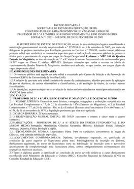 Estado Do Paraná Secretaria De Estado Da Educação (Seed) Concurso Público Para Provimento De Vagas No Cargo De Professor De