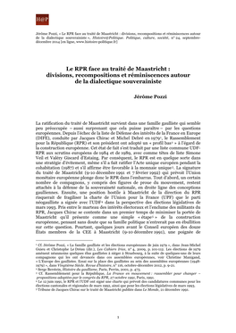 Le RPR Face Au Traité De Maastricht : Divisions, Recompositions Et Réminiscences Autour De La Dialectique Souverainiste », Histoire@Politique