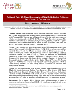 Outbreak Brief #5: Novel Coronavirus (COVID-19) Global Epidemic Date of Issue: 18 February 2020