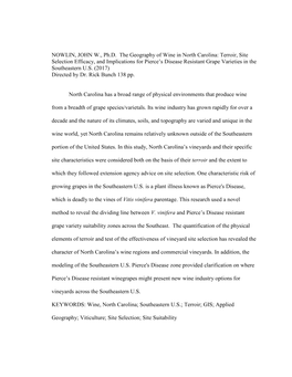 The Geography of Wine in North Carolina: Terroir, Site Selection Efficacy, and Implications for Pierce’S Disease Resistant Grape Varieties in the Southeastern U.S