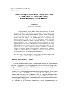 Valence-Changing Prefixes and Voicing Alternation in Old Chinese and Proto-Sino-Tibetan: Reconstructing *S- and *N- Prefixes*