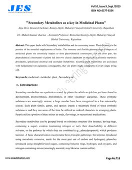 “Secondary Metabolites As a Key in Medicinal Plants” Anju Devi, Research Scholar, Botany Deptt, Maharaj Vinayak Global University, Rajasthan