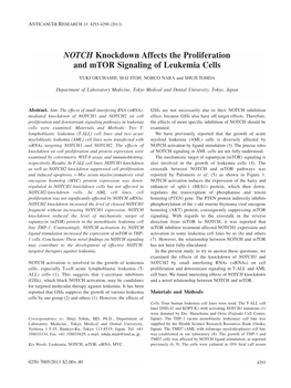 NOTCH Knockdown Affects the Proliferation and Mtor Signaling of Leukemia Cells