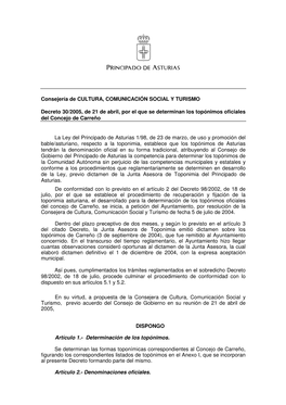 Consejería De CULTURA, COMUNICACIÓN SOCIAL Y TURISMO Decreto 30/2005, De 21 De Abril, Por El Que Se Determinan Los Topónimos