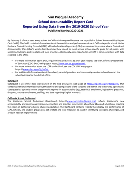 San Pasqual Academy School Accountability Report Card Reported Using Data from the 2019-2020 School Year Published During 2020-2021