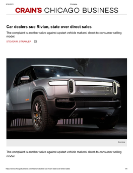 Car Dealers Sue Rivian, State Over Direct Sales the Complaint Is Another Salvo Against Upstart Vehicle Makers' Direct-To-Consumer Selling Model