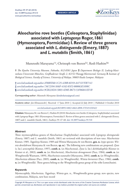 Aleocharine Rove Beetles (Coleoptera, Staphylinidae) Associated with Leptogenys Roger, 1861 (Hymenoptera, Formicidae) I