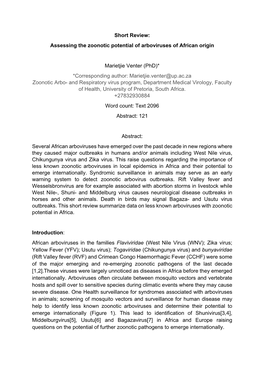 Short Review: Assessing the Zoonotic Potential of Arboviruses of African Origin