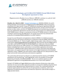 Everspin Technologies and GLOBALFOUNDRIES Extend MRAM Joint Development Agreement to 12Nm