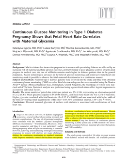 Continuous Glucose Monitoring in Type 1 Diabetes Pregnancy Shows That Fetal Heart Rate Correlates with Maternal Glycemia