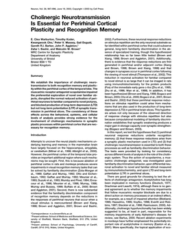 Cholinergic Neurotransmission Is Essential for Perirhinal Cortical Plasticity and Recognition Memory