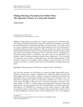 Making Marriage Promotion Into Public Policy: the Epistemic Culture of a Statewide Initiative