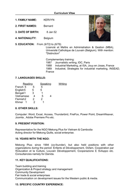 Curriculum Vitae 1. FAMILY NAME: ​KERVYN ​ 2