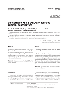 Biochemistry at the Early 20Th Century: the Main Contributors