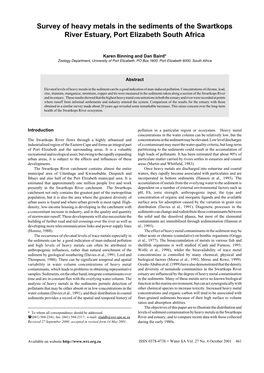 Survey of Heavy Metals in the Sediments of the Swartkops River Estuary, Port Elizabeth South Africa