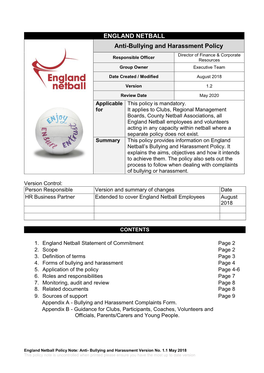 ENGLAND NETBALL Anti-Bullying and Harassment Policy