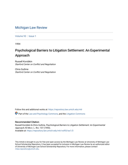 Psychological Barriers to Litigation Settlement: an Experimental Approach