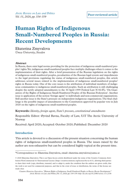 Human Rights of Indigenous Small-Numbered Peoples in Russia: Recent Developments Ekaterina Zmyvalova Umea University, Sweden