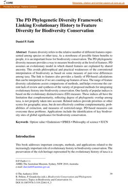 The PD Phylogenetic Diversity Framework: Linking Evolutionary History to Feature Diversity for Biodiversity Conservation