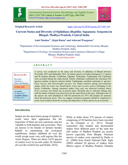 Current Status and Diversity of Ophidians (Reptilia: Squamata: Serpents) in Bhopal, Madhya Pradesh, Central India