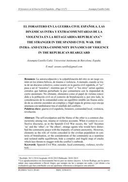 El Forastero En La Guerra Civil Española. Las Dinámicas Intra Y