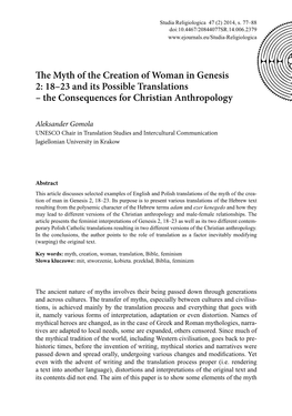 The Myth of the Creation of Woman in Genesis 2: 18–23 and Its Possible Translations – the Consequences for Christian Anthropology