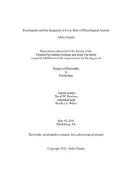 Psychopathy and the Incapacity to Love: Role of Physiological Arousal