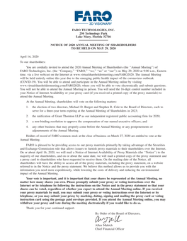 FARO TECHNOLOGIES, INC. 250 Technology Park Lake Mary, Florida 32746