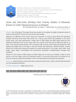 Acute and Sub-Acute (28-Day) Oral Toxicity Studies of Ethanolic Extract of Celtis Timorensis Leaves in Rodents by Prasanth Kumar