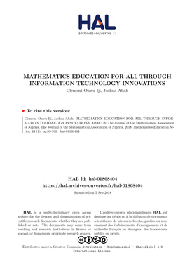 MATHEMATICS EDUCATION for ALL THROUGH INFORMATION TECHNOLOGY INNOVATIONS Clement Onwu Iji, Joshua Abah