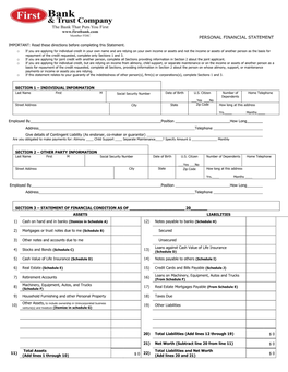 PERSONAL FINANCIAL STATEMENT IMPORTANT: Read These Directions Before Completing This Statement