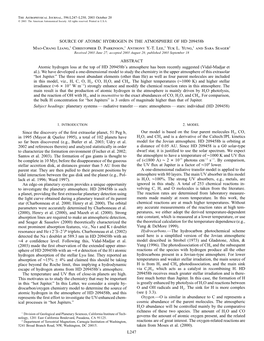 SOURCE of ATOMIC HYDROGEN in the ATMOSPHERE of HD 209458B Mao-Chang Liang,1 Christopher D