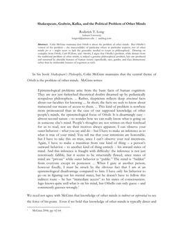 Shakespeare, Godwin, Kafka, and the Political Problem of Other Minds Roderick T. Long in His Book Shakespeare's Philosophy, Co