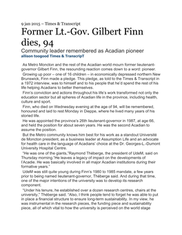 Former Lt.-Gov. Gilbert Finn Dies, 94 Community Leader Remembered As Acadian Pioneer Allison Toogood Times & Transcript