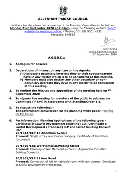 Planning Agenda 21St September 2020 A