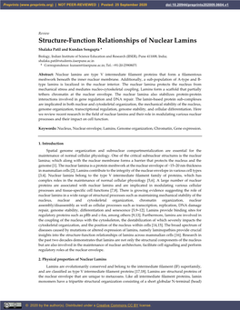 Structure-Function Relationships of Nuclear Lamins Shalaka Patil and Kundan Sengupta *