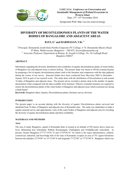 Diversity of Dicotyledons Plants of the Water Bodies of Bangalore And