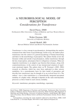 A NEUROBIOLOGICAL MODEL of PERCEPTION Considerations for Transference