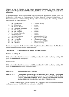 Minutes of the 4Th Meeting of the Expert Appraisal Committee for River Valley and Hydroelectric Projects Held on 02Nd December, 2020 from 11 A.M