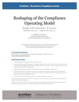 Reshaping of the Compliance Operating Model Tuesday, 13 November 2018 | 8–9:30 A.M