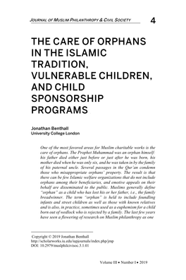 The Care of Orphans in the Islamic Tradition, Vulnerable Children, and Child Sponsorship