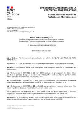 Arrêté N° 910 Du 31/08/2020 Portant Enregistrement D'une Activité D'élevage De Volailles