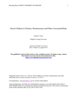 Street Children in Ukraine: Homelessness and Other Associated Risks