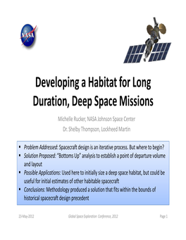 Developing a Habitat for Long Duration, Deep Space Missions Michelle Rucker, NASA Johnson Space Center Dr