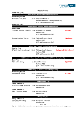 GAA Fixtures 06-11.07.2021