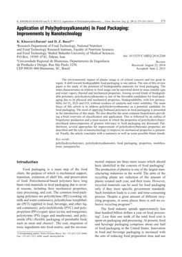 Application of Poly(Hydroxyalkanoate) in Food Packaging: Improvements by Nanotechnology