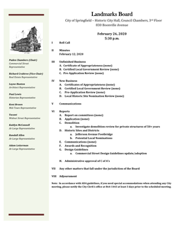 Landmarks Board City of Springfield – Historic City Hall, Council Chambers, 3Rd Floor 830 Boonville Avenue