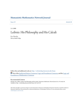 Leibniz: His Philosophy and His Calculi Eric Ditwiler Harvey Mudd College