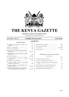 THE KENYA GAZETTE Published by Authority of the Republic of Kenya (Registered As a Newspaper at the G.P.O.)